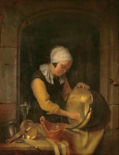 An Old Woman Scouring a Pot by Godfried Schalcken